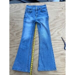 High Rise Flare Jeans Medium Wash Double Button Wide Leg Denim Pants Womens